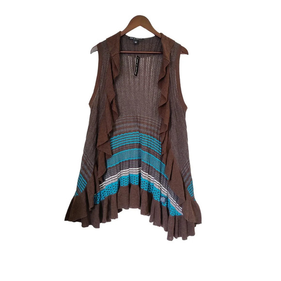 Zac & Rachel Open Front Sleeveless Cardigan Waterfall Ruffle Teal Chocolate S - Picture 1 of 8